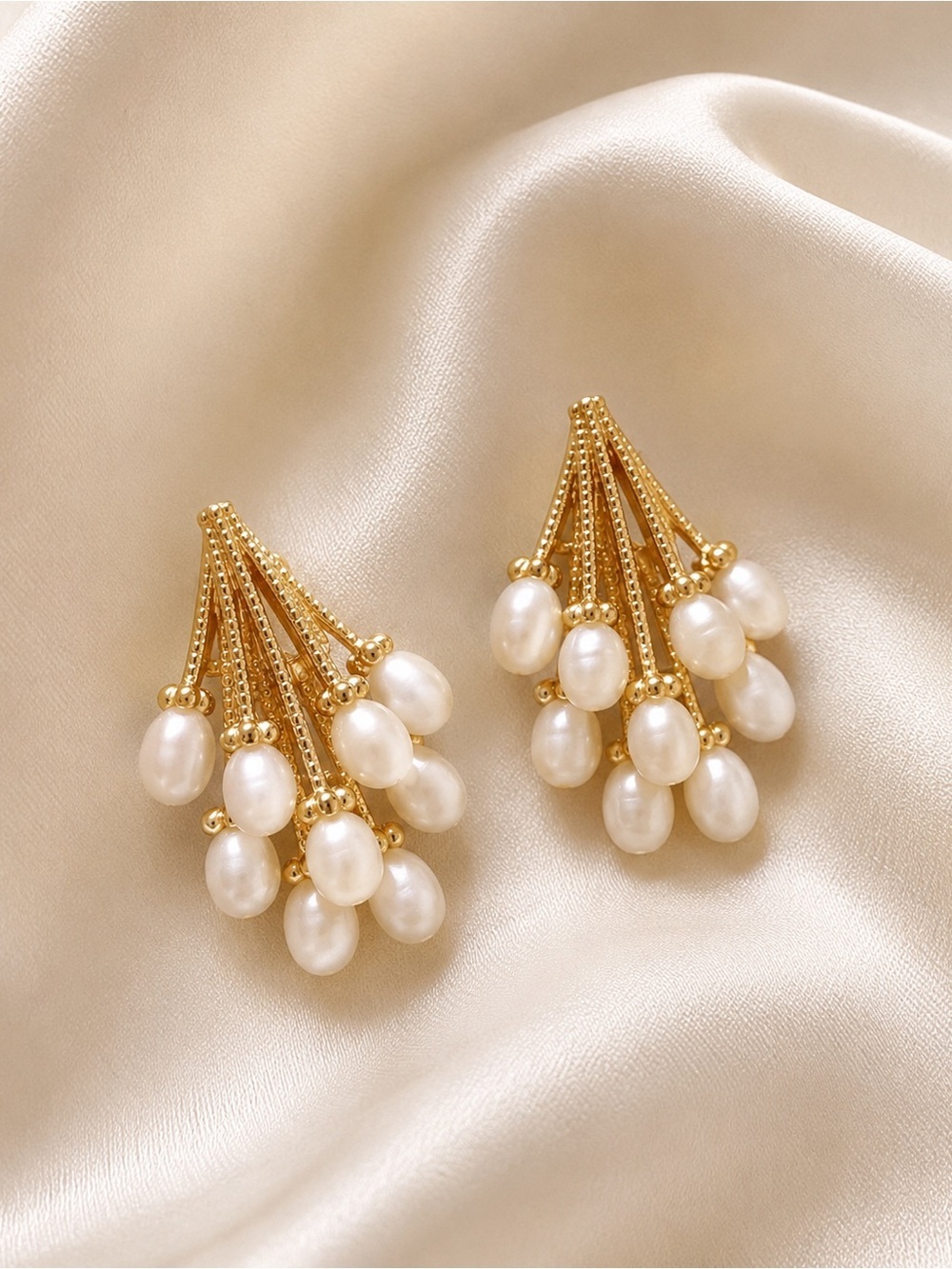 Gold-Tone Pearl Cluster Drop Earrings - White & Gold